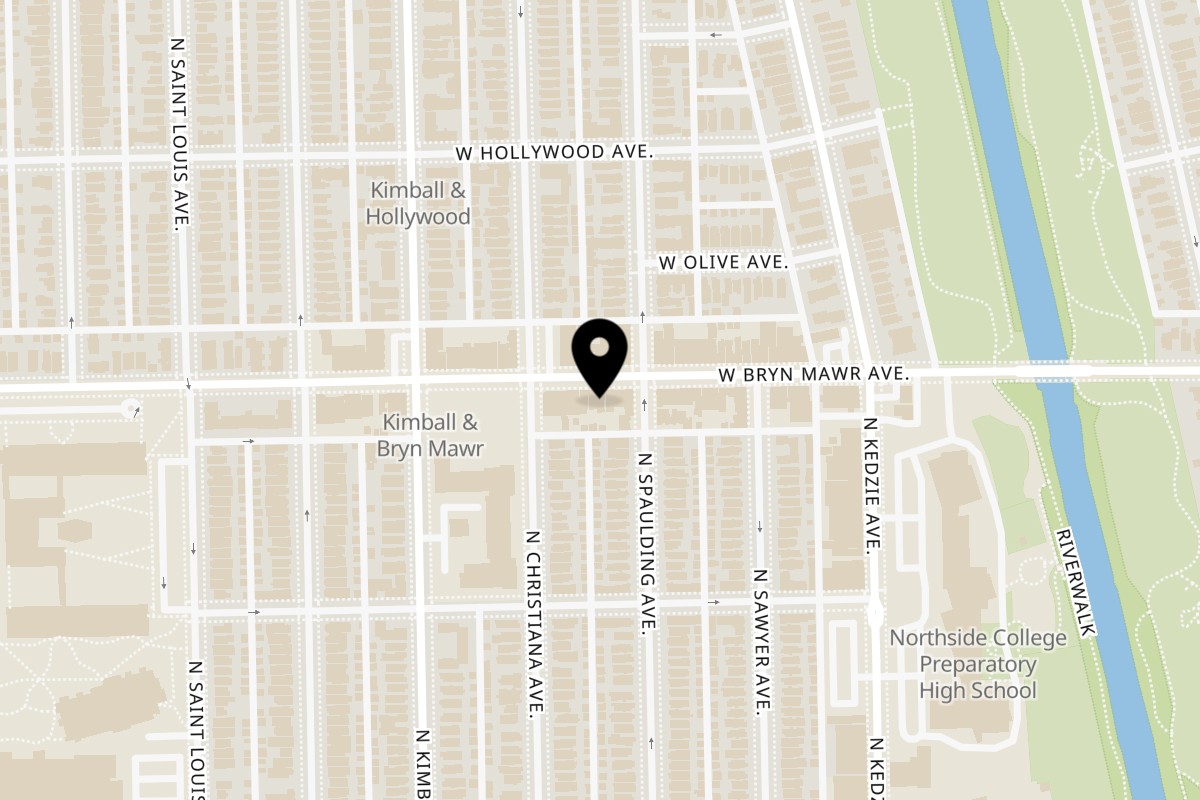 Map showing the location of Chez Adele on 3311 W Bryn Mawr Ave in Chicago